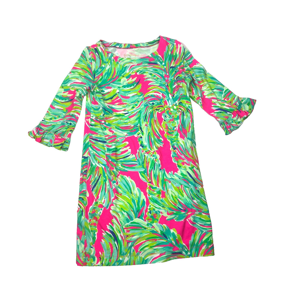 Lilly Pulitzer Girls XL Green Pink Bell 3/4 Sleeve Abstract Rayon Mini Dress